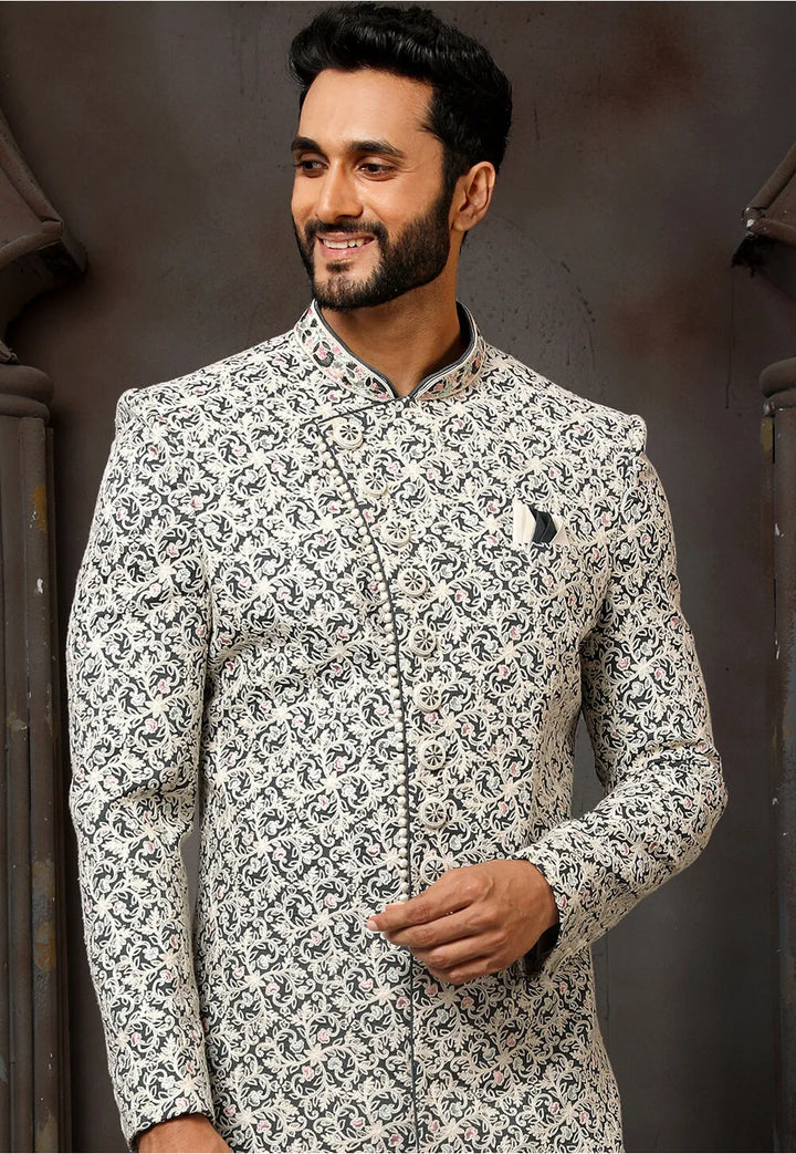 Off White Art Silk Sherwani | Elegant Thread Work for Wedding Wear