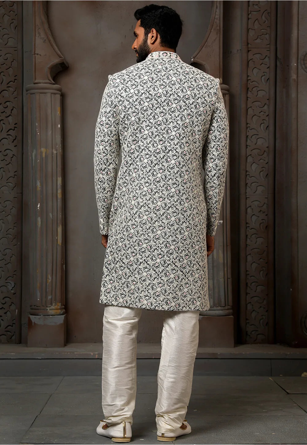 Off White Art Silk Sherwani | Elegant Thread Work for Wedding Wear