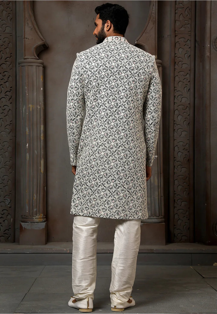 Off White Art Silk Sherwani | Elegant Thread Work for Wedding Wear