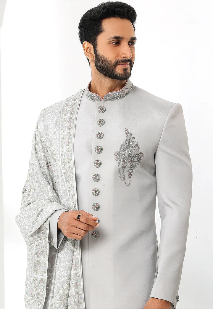 Light Gray Groom Sherwani | Art Silk with Fancy Work & Dupatta