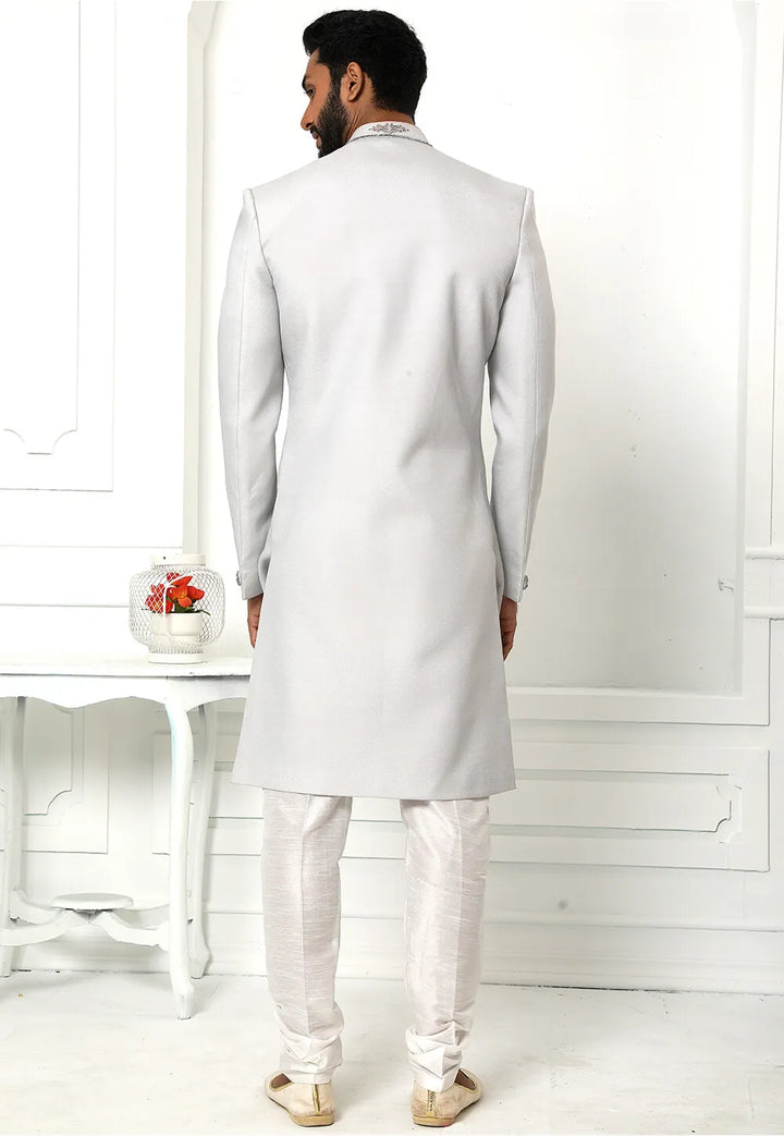Light Gray Groom Sherwani | Art Silk with Fancy Work & Dupatta
