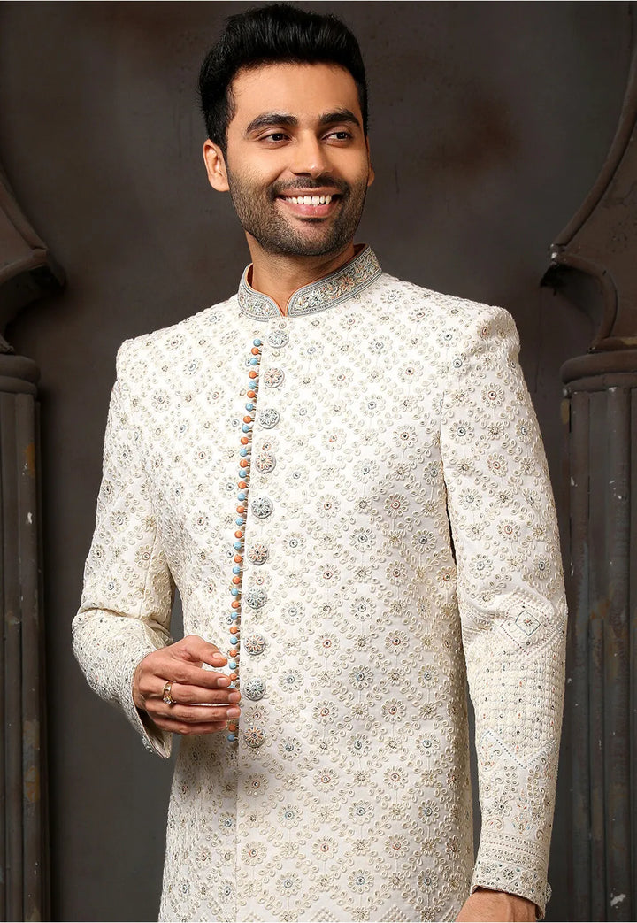Cream Georgette Sherwani | Perfect Wedding & Festive Wear for Men