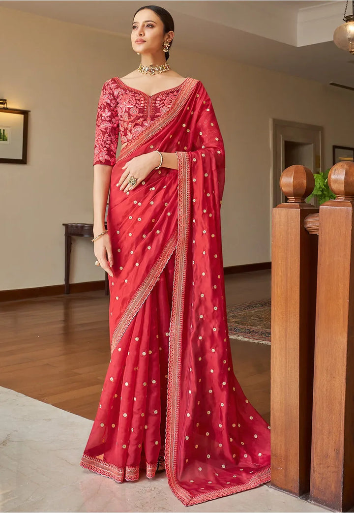 Elegant Neon Pink Saree | Designer Organza Saree for Festive Wear