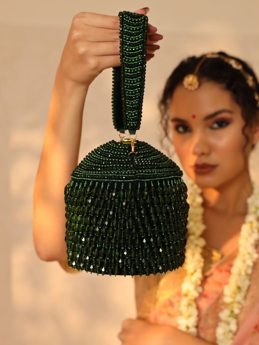 Emma Round Embellished Potli Bag with Handle | Handcrafted Designer Series - Emma_Green