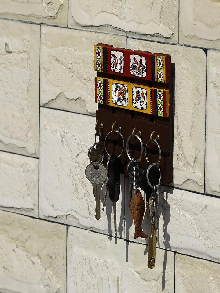 Recycled Wood Wall Decor | Hand-Painted Key Holder with Brass Accents