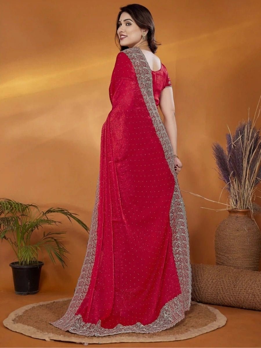 Exquisite Chiffon Saree with Zari & Stone Work – Red, Purple, Teal, Pink - JAYSHREE - SERIES - 4004A