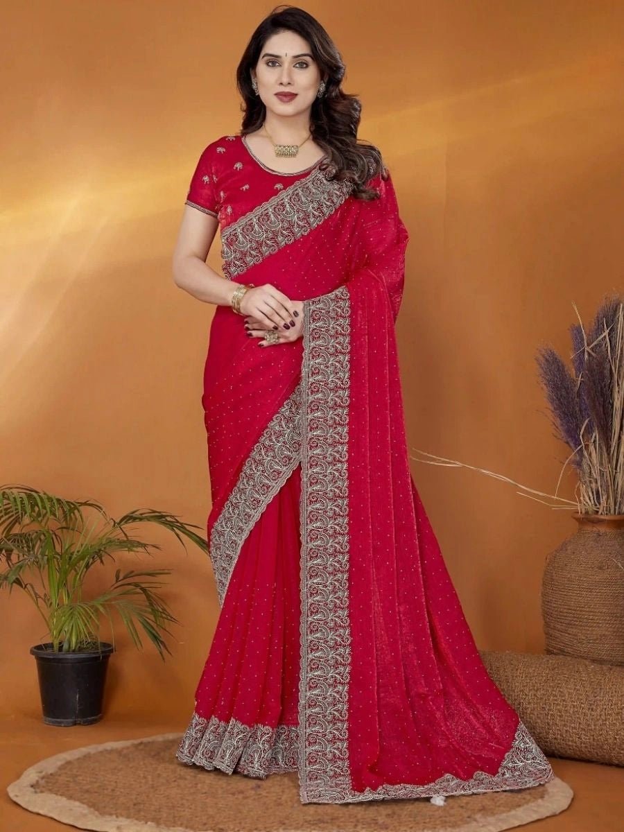 Exquisite Chiffon Saree with Zari & Stone Work – Red, Purple, Teal, Pink - JAYSHREE - SERIES - 4004A