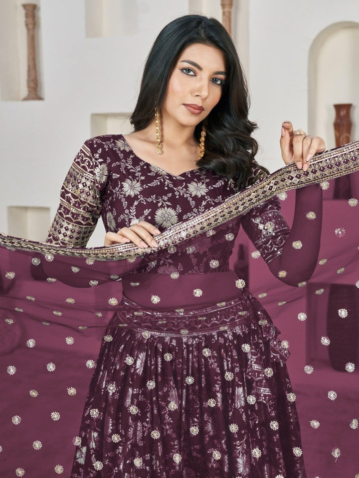 Exquisite Wine Jacquard Lehenga | Perfect for Sangeet & Haldi - PYC - ALS1 - 1019 - Semi Stitched - YPOD