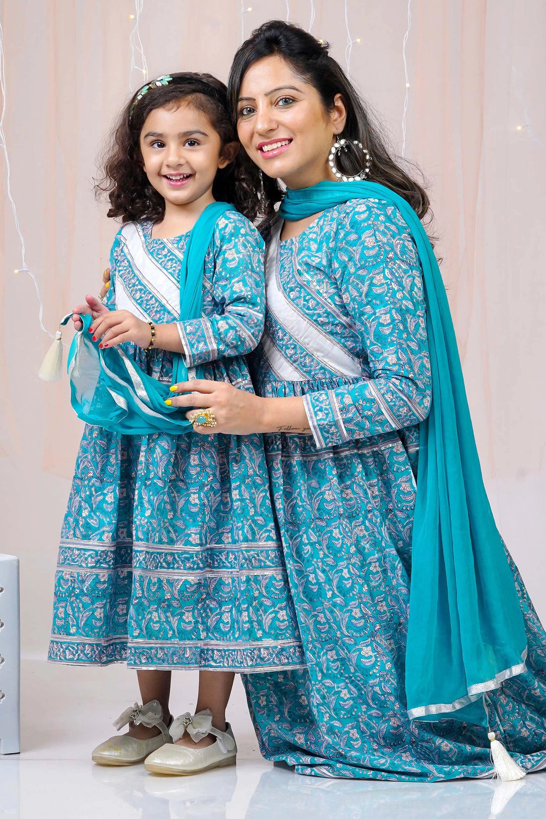Teal Block Printed Suit With Matching Kurta Pyjama Family Set