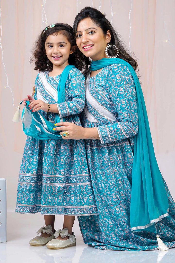 Teal Block Printed Suit With Matching Kurta Pyjama Family Set
