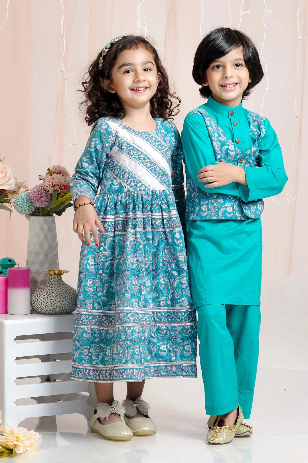 Teal Block Printed Suit With Matching Kurta Pyjama Family Set
