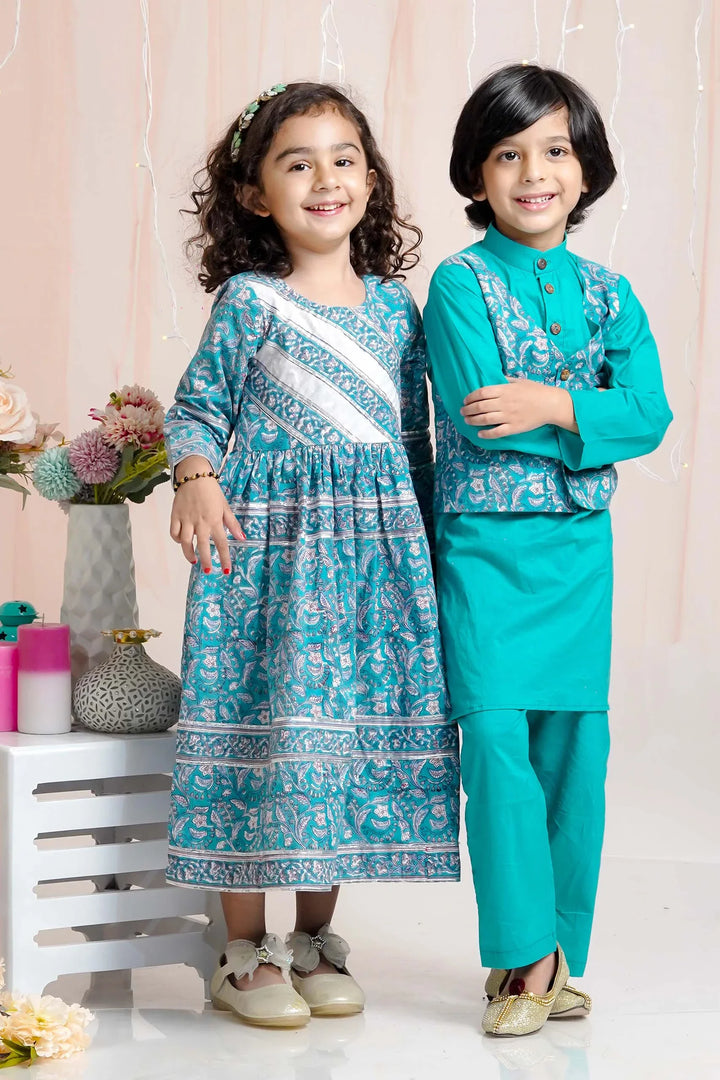 Teal Block Printed Suit With Matching Kurta Pyjama Family Set