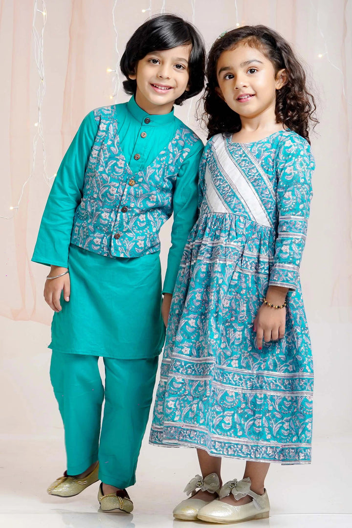 Teal Block Printed Matching Set for brother and sister