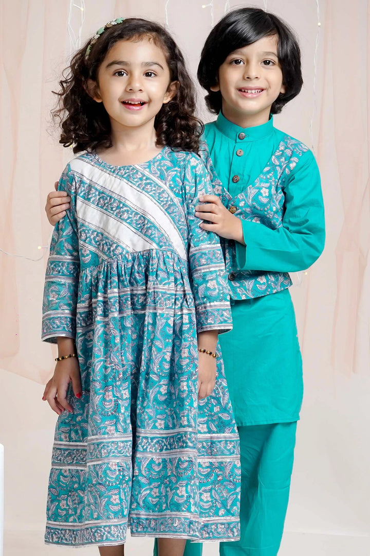 Teal Block Printed Matching Set for brother and sister