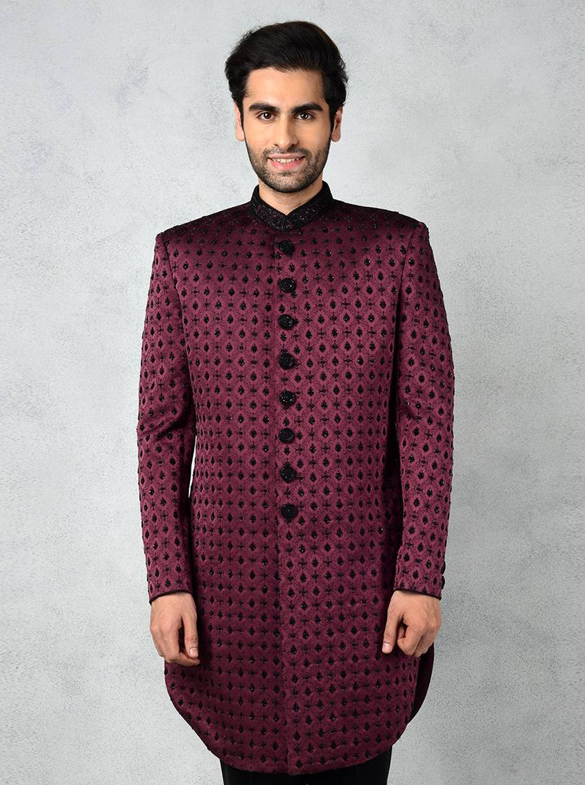 Stylish wine Indo Western kurta for men with jacquard fabric and bead handwork.