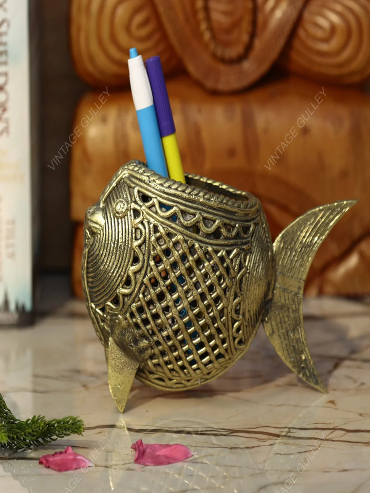 Handcrafted Dhokra Art Brass Pen Stand | Unique Desk Organizer