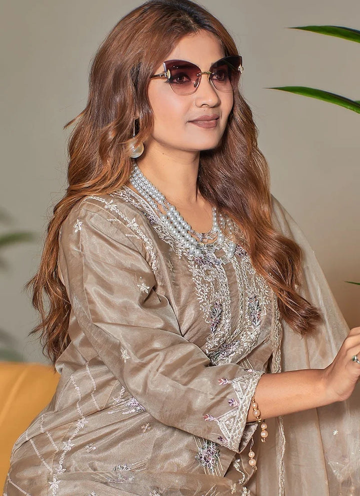Elegant Light Brown Organza Suit | Chic Ethnic Wear with a Gorgeous Dupatta