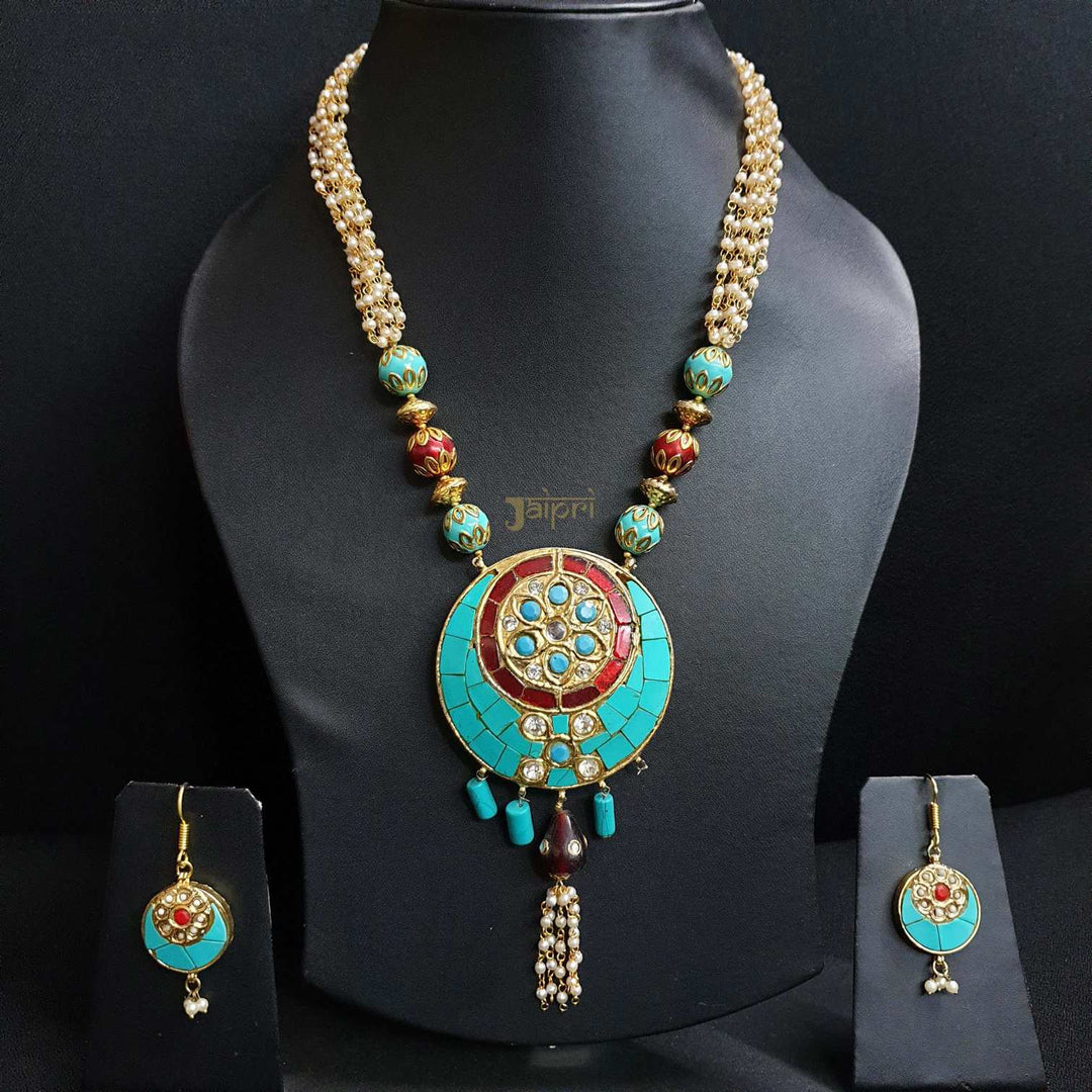 Pearl Beads Stone Meenakari |  Fusion Pendant With Earrings Luxury Wear