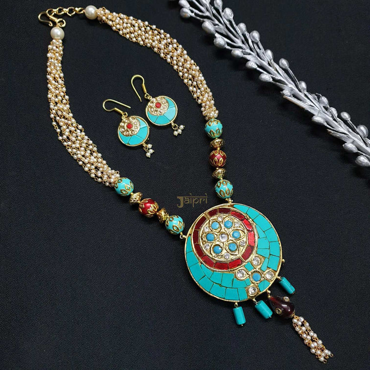 Pearl Beads Stone Meenakari & Fusion Pendant With Earrings