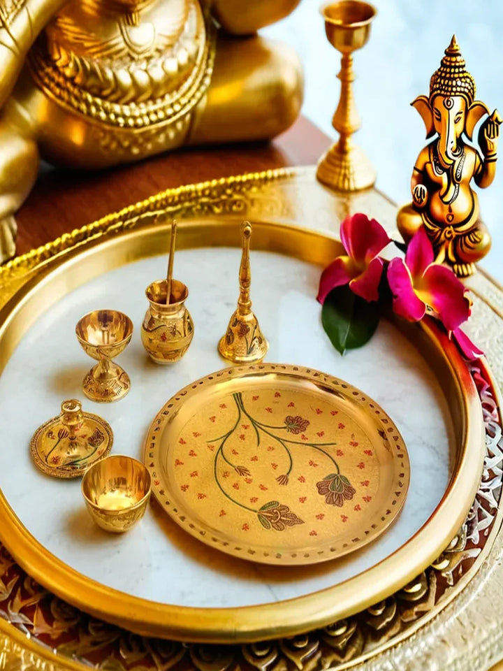 Brass Pooja Set 7 Pcs | Traditional Puja Thali for Rituals