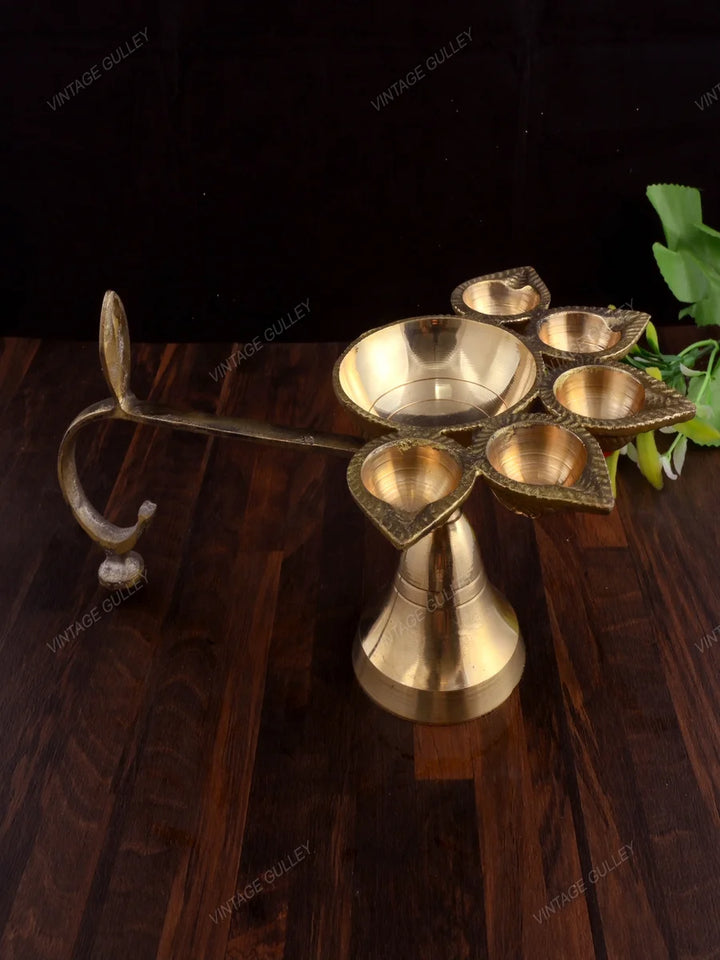 Brass Arti Diya 5 Face | Handcrafted Quality Brass Decorative Diya