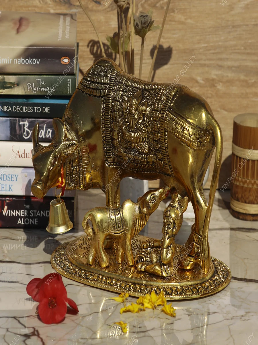 Golden Antique Metal Figurine | Decorative Cow and Calf Idol for Gifting