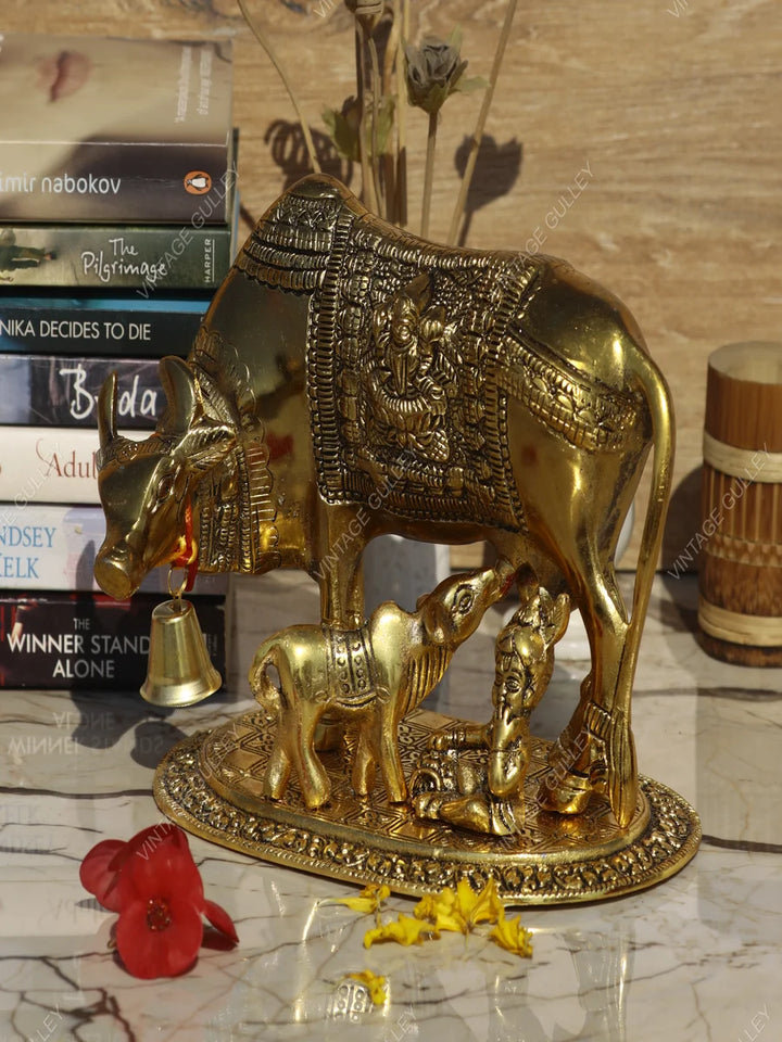 Golden Antique Metal Figurine | Decorative Cow and Calf Idol for Gifting