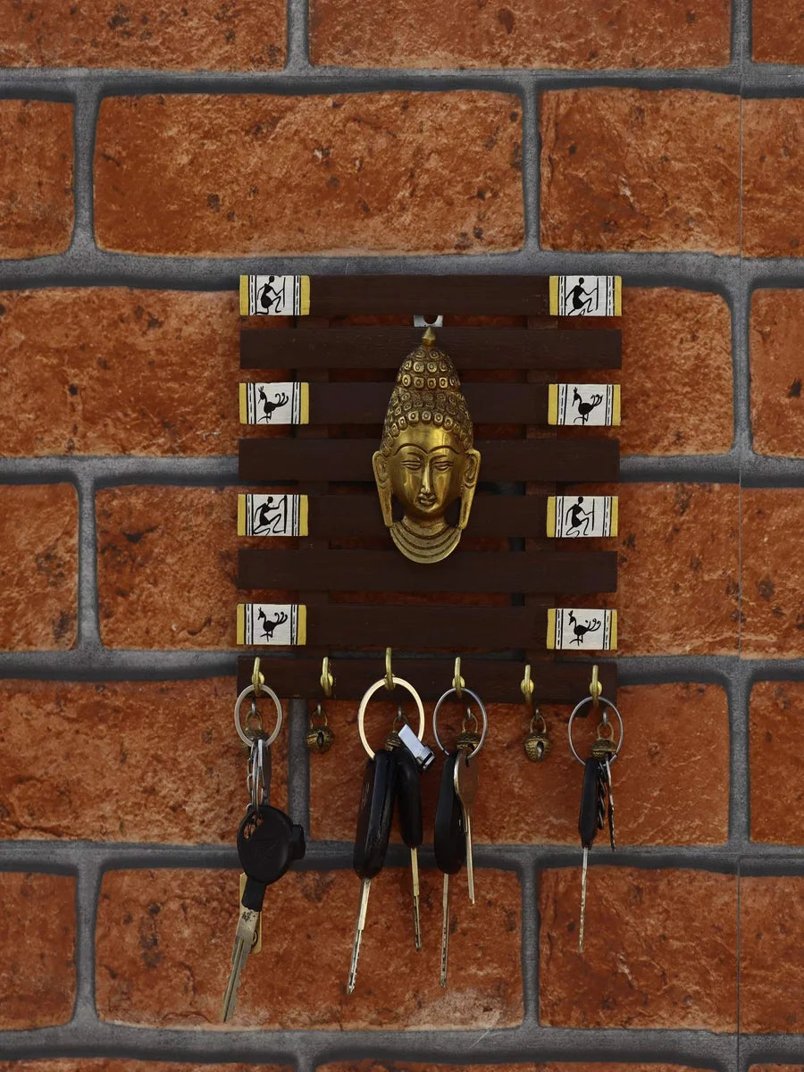 Sheesham Wood Key Holder | Handmade Warli Art Wall Decor with 6 Hooks