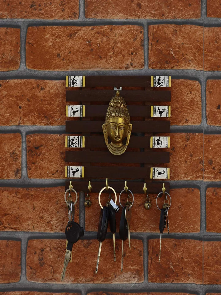 Sheesham Wood Key Holder | Handmade Warli Art Wall Decor with 6 Hooks