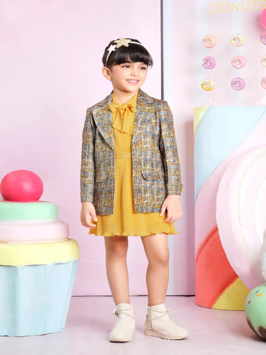 Stunning Mustard Kids Party Dress | Fashionable Synthetic Dress with Belt