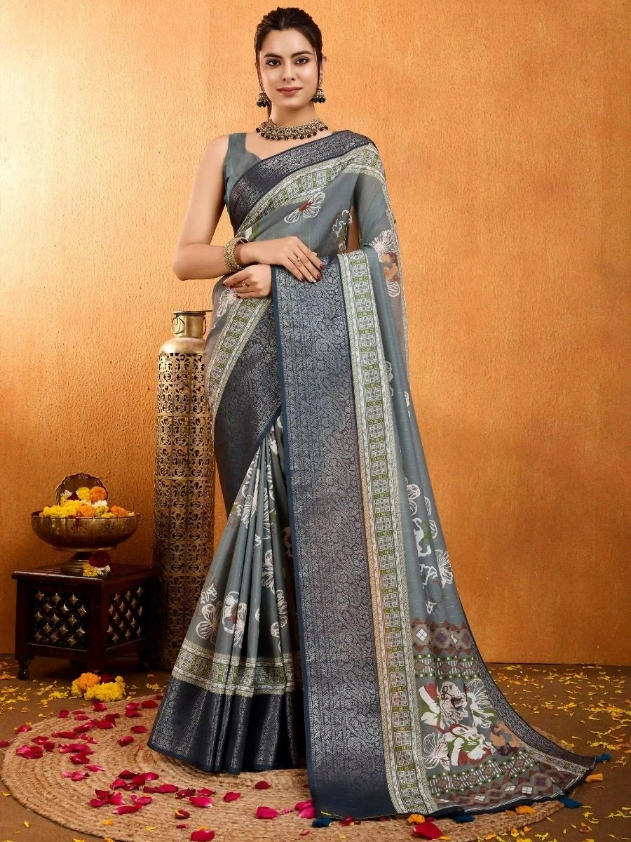 gray crepe silk saree SilverBin
