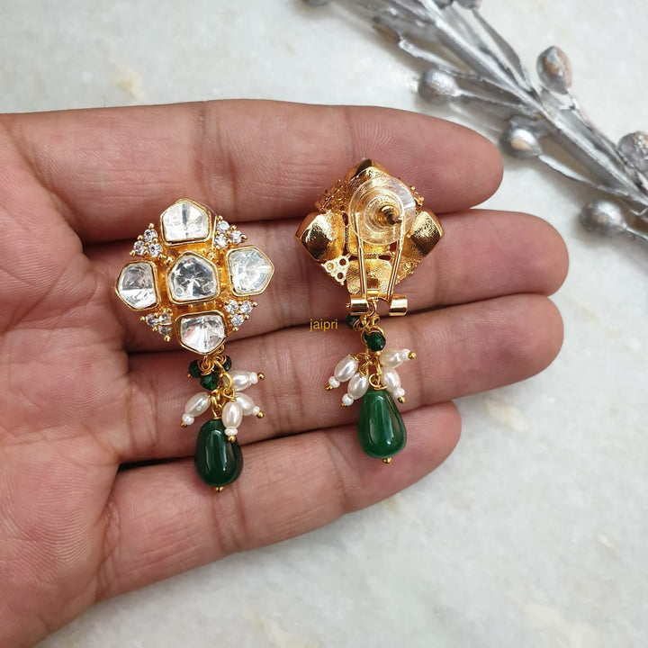 Emerald Green Stone Moissanite | Kundan Polki Studs Earrings Collection