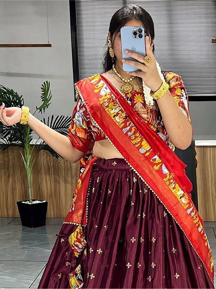 Traditional Wine Kalamkari Print Silk Lehenga | Tassels, Foil Work & Dupatta