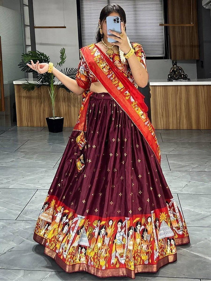Traditional Wine Kalamkari Print Silk Lehenga | Tassels, Foil Work & Dupatta