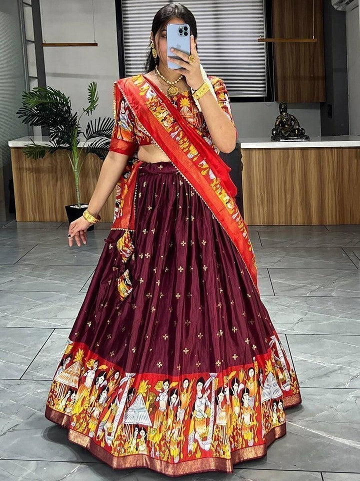 Traditional Wine Kalamkari Print Silk Lehenga | Tassels, Foil Work & Dupatta