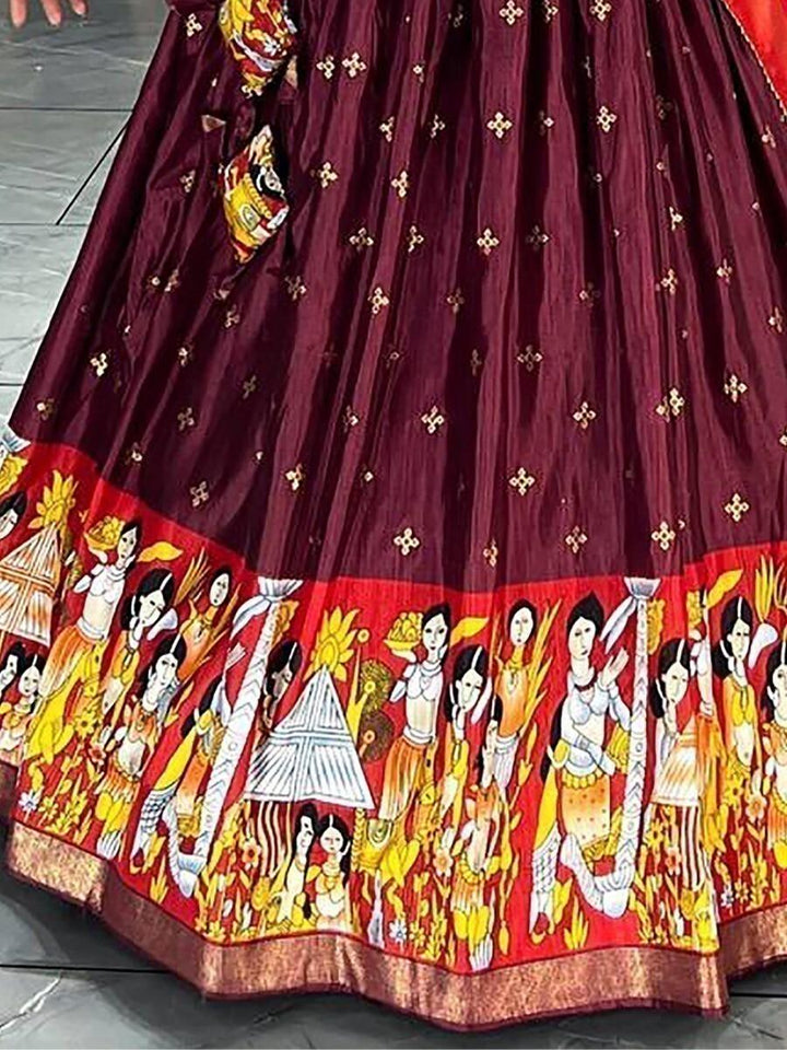 Traditional Wine Kalamkari Print Silk Lehenga | Tassels, Foil Work & Dupatta