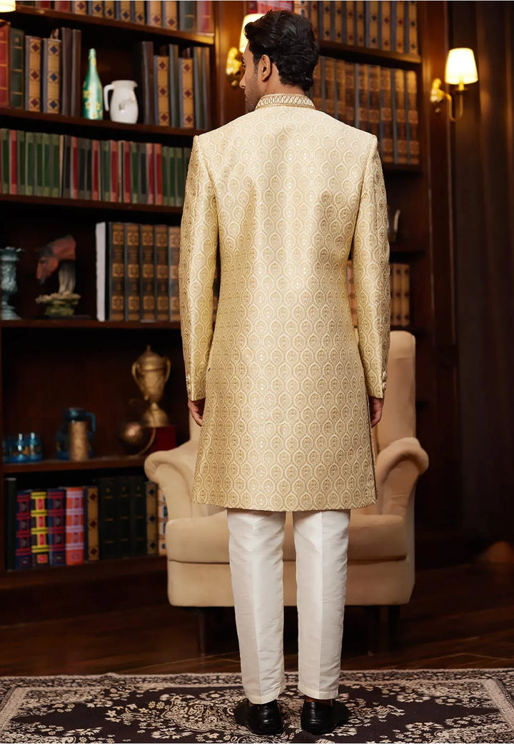 Pale Gold Jacquard Silk Sherwani | Handcrafted Wedding Sherwani for Men
