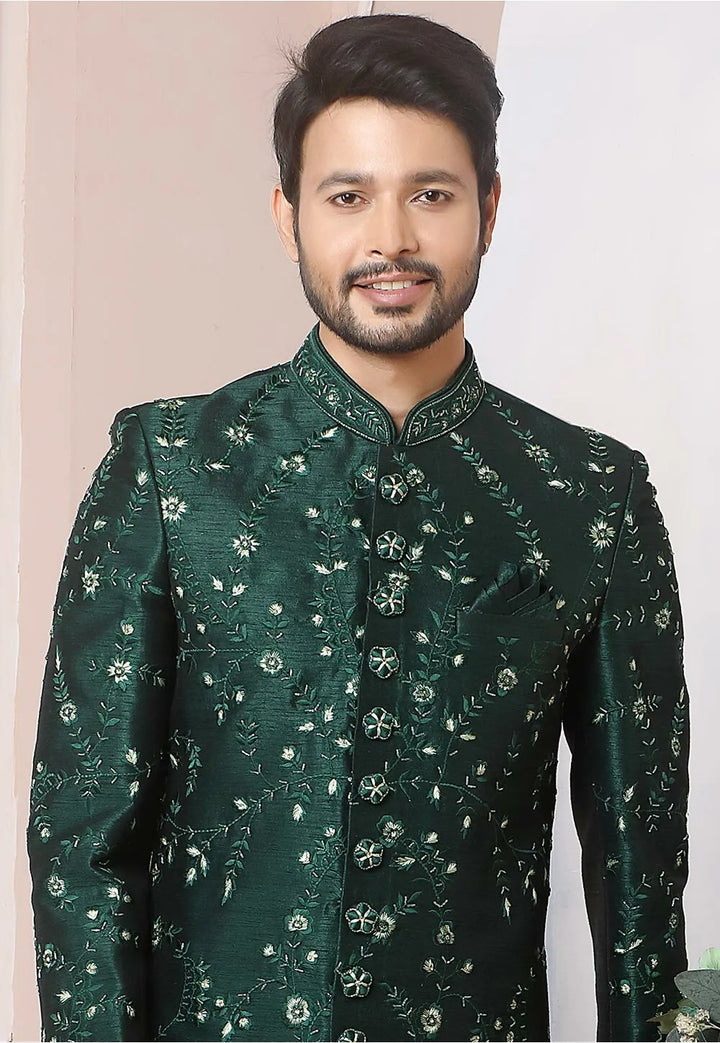 Green Banarasi Silk Sherwani | Perfect Ethnic Wear for Grooms & Weddings