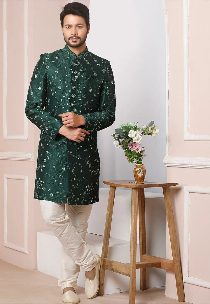 Green Banarasi Silk Sherwani | Perfect Ethnic Wear for Grooms & Weddings