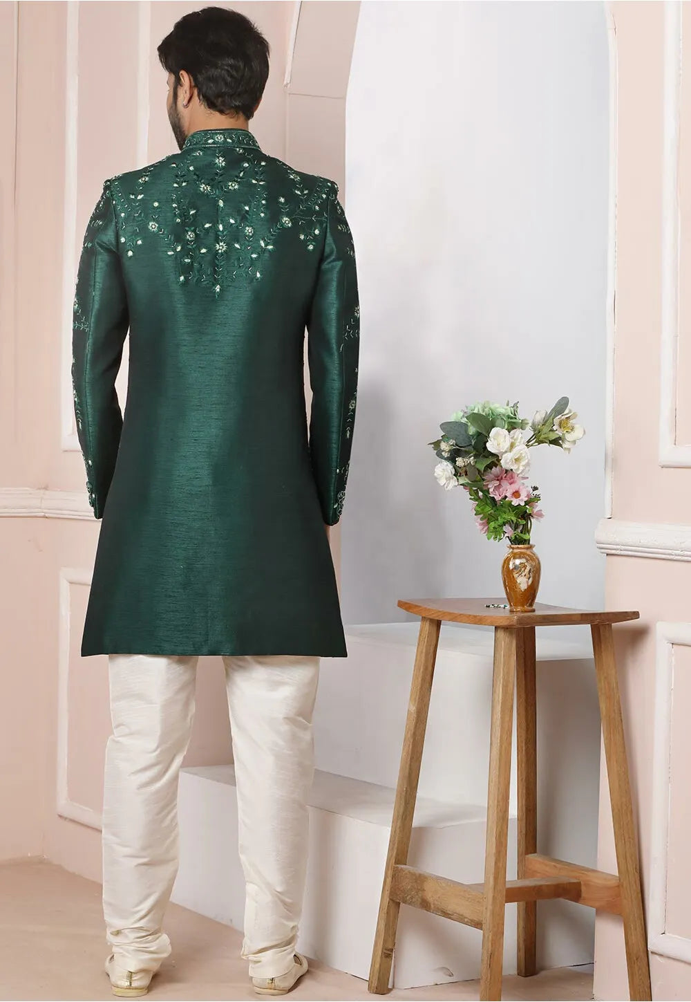 Green Banarasi Silk Sherwani | Perfect Ethnic Wear for Grooms & Weddings