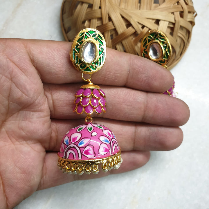 Pink Handpainted | Jhumki Layered Earrings Luxury Wear