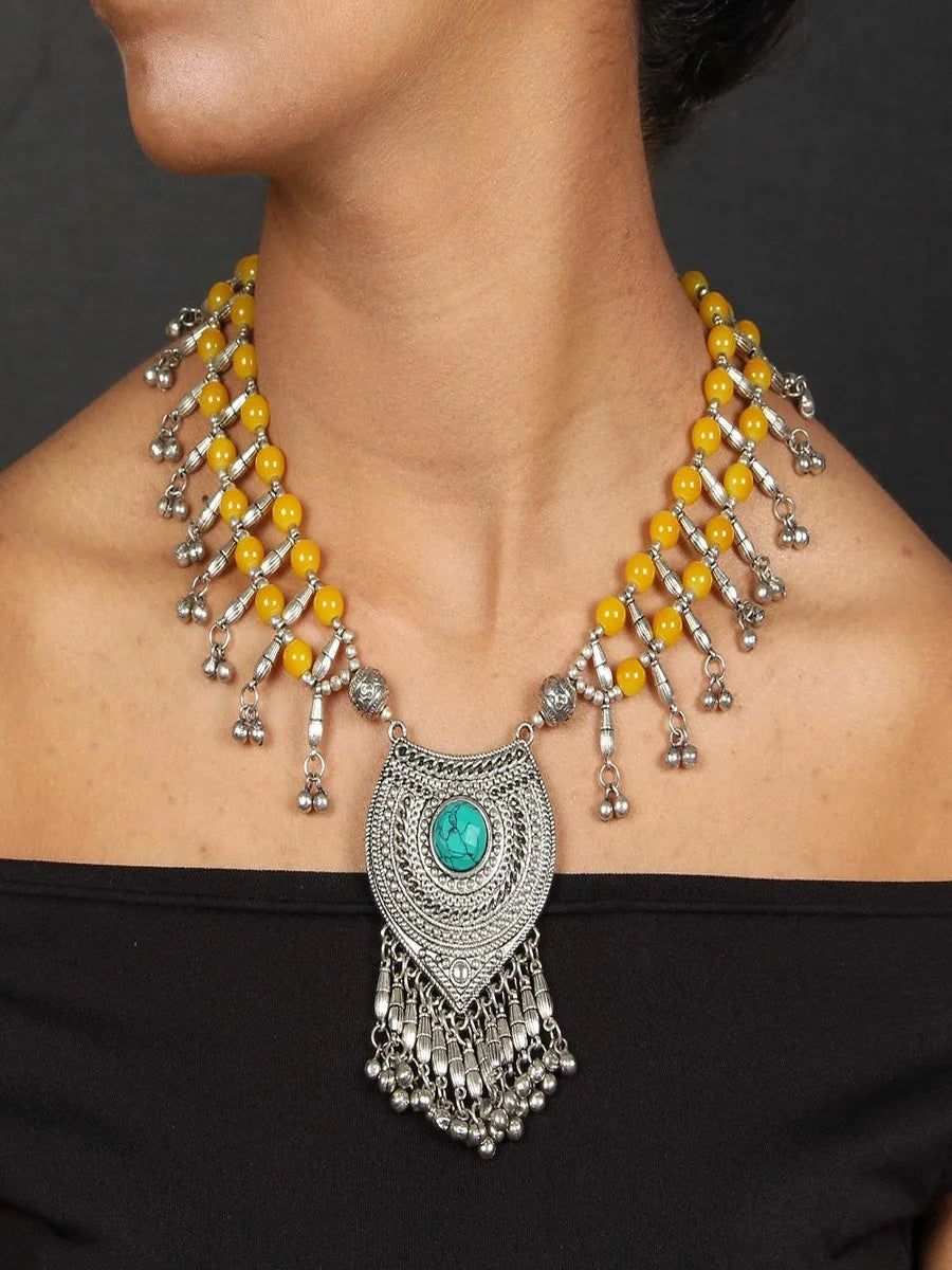 Oxidized Boho Necklace | Double Yellow Beads Accent Jewelry