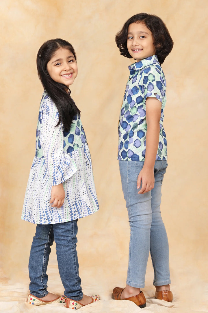 Blue and White printed Tunic with Matching Shirt Brother and Sister Twin Set