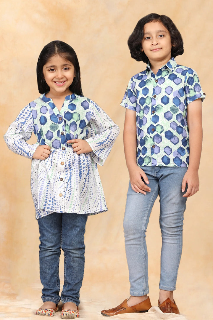 Blue and White printed Tunic with Matching Shirt Brother and Sister Twin Set