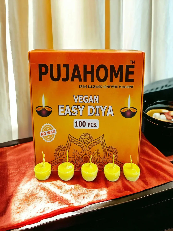 Ghee Diya Wicks (100 Pieces - Yellow) 30min Burning Time, Wax Free Vegan Easy Diya