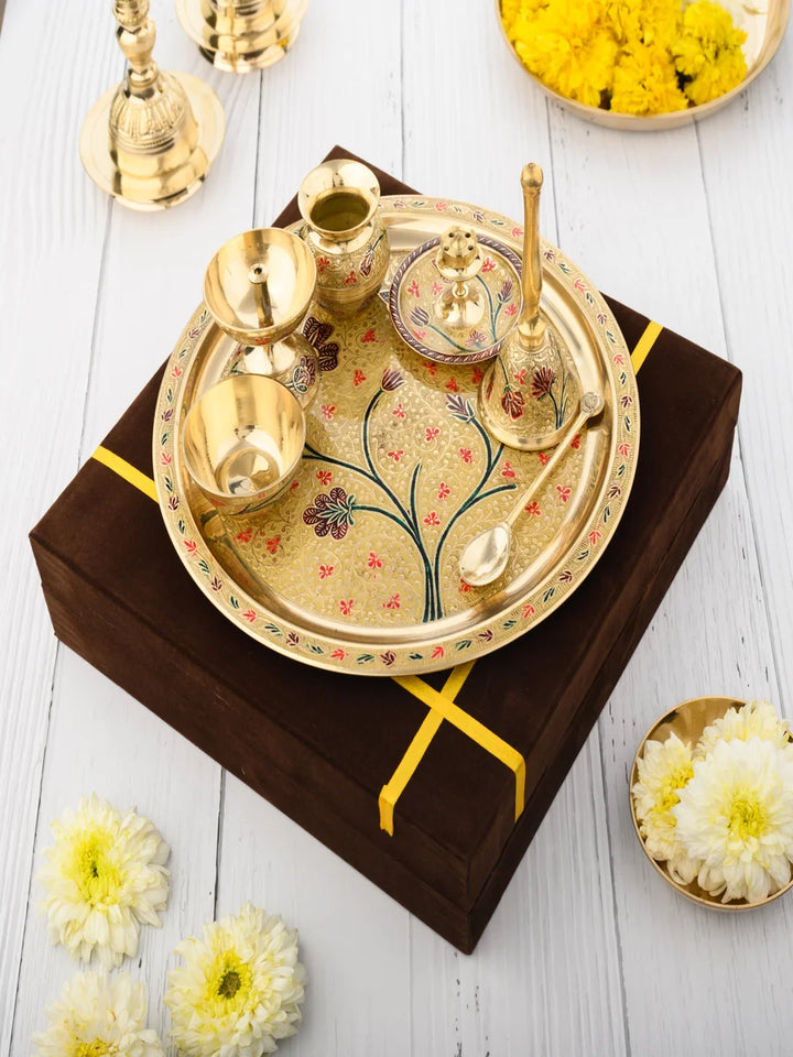 Brass Pooja Set 7 Pcs | Traditional Puja Thali for Rituals