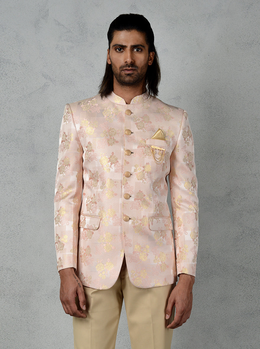 Elegant Peach Jodhpuri Suit with golden floral jacquard design for weddings and formal events.