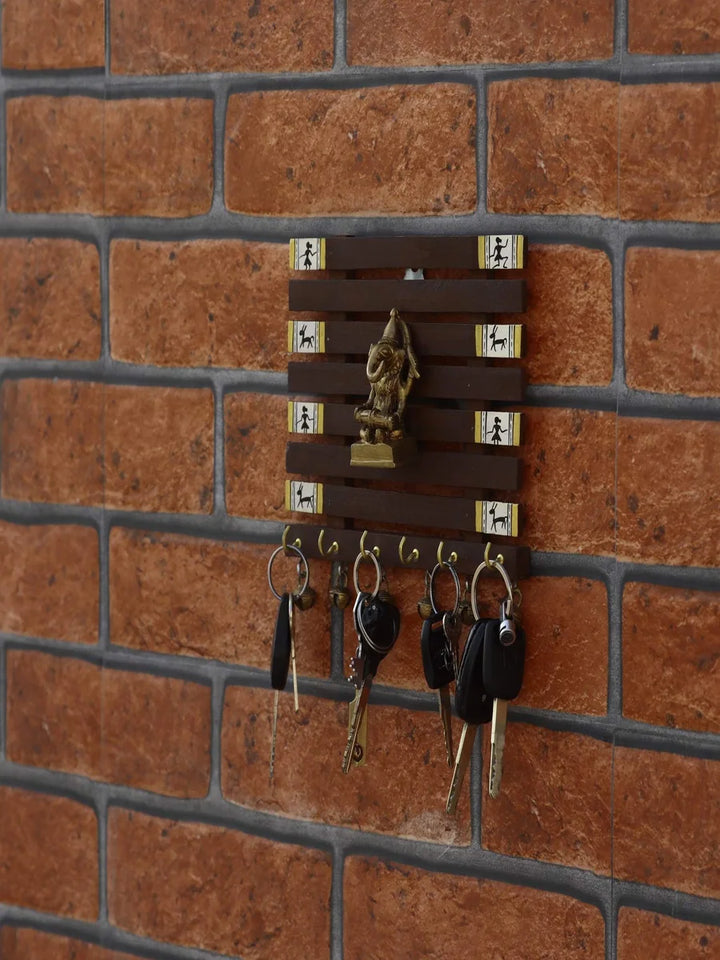 Handmade Sheesham Wood Key Holder | Unique Wall Decor with Warli Art