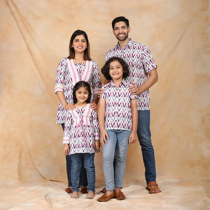 Purple Hues and Coordinated Views: White and Purple Ikkat Family Twin Set