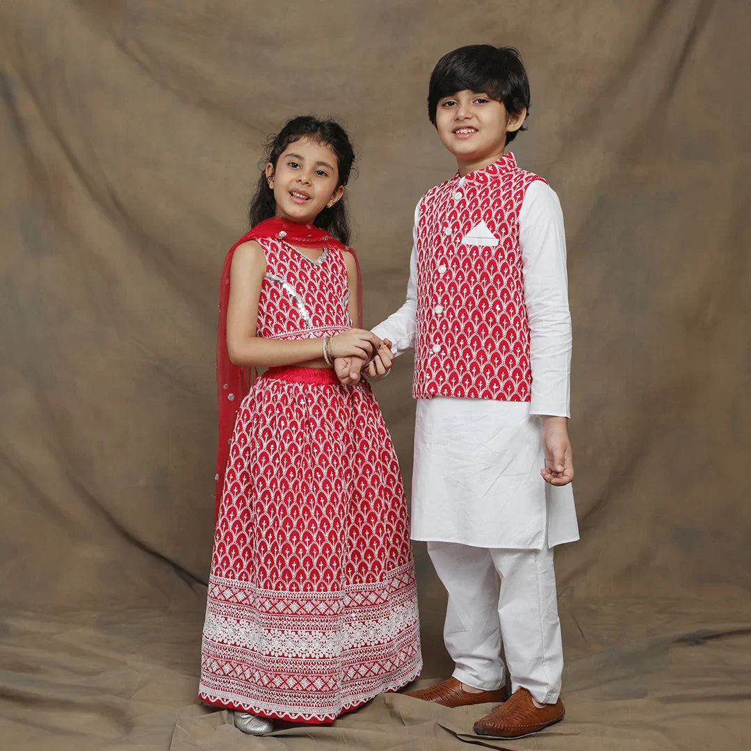 Ethnic Embroidered Twin Set for Brothers and Sisters in Fuchsia and White